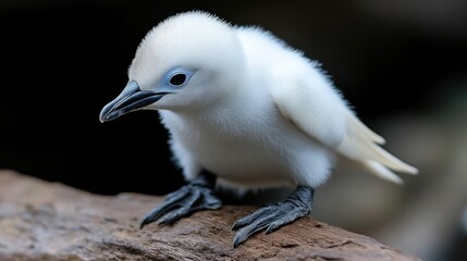 Obraz premium Fluffy white baby bird perched on a log