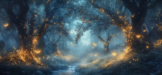 Enchanted Forest at Night, A Magical Realm of Glowing Butterflies