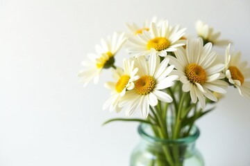 Fresh daisies and chamomile flowers in a vase against a white background, simplicity, white background © Tanapong