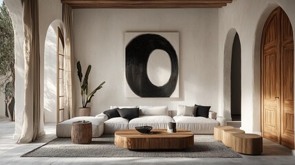 Modern minimalist living room with natural wood and neutral tones.
