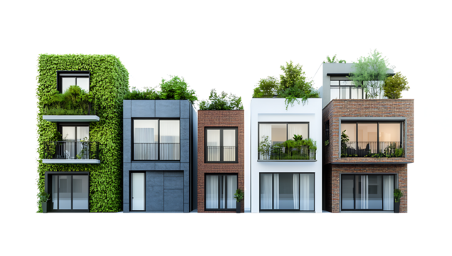 A row of five modern small residential building isolated on white background
