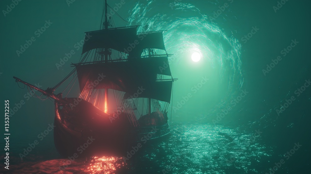 Poster a pirate ship lost in a bermuda triangle-style glowing vortex