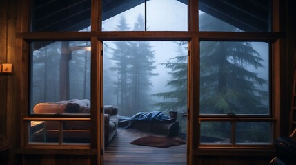 Foggy Forest View From Cozy Cabin Interior