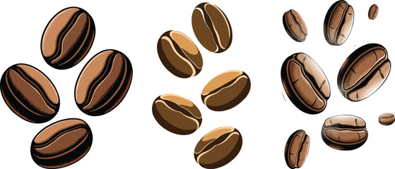 Obraz premium Coffee beans on a white background with a close-up view showing their roasted brown texture and aromatic details