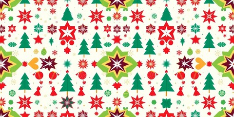 Geometric Christmas seamless pattern featuring stars, trees, snowflakes, and ornaments in a repeating design, festive background, ornaments