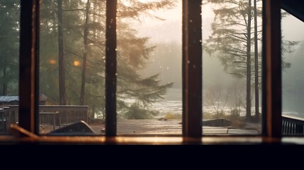 Fototapeta premium Rainy Day Forest View Through Window Frame
