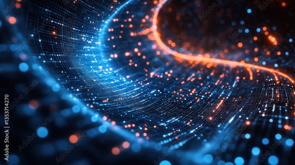 Poster abstract digital landscape with glowing blue and orange particles creating a futuristic data flow an