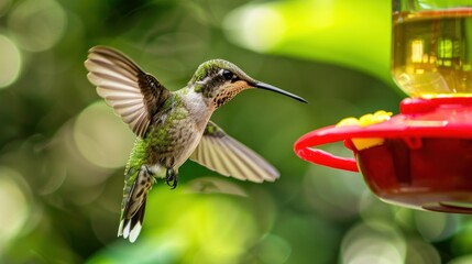 A close-up of a hummingbird feeding from a vibrant red feeder.