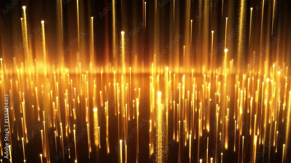 Poster golden light beams and streaks create mesmerizing visual effects, resembling shimmering sound wave p