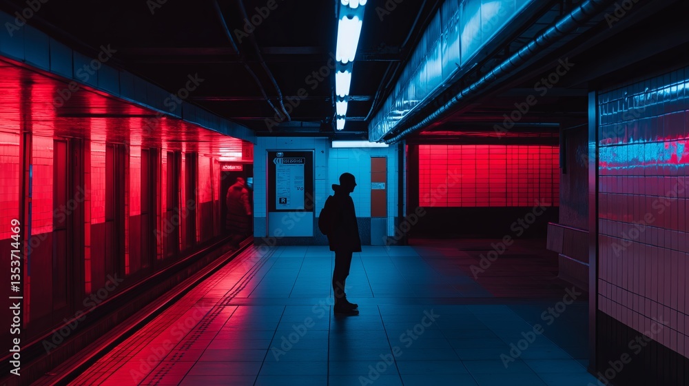 Poster a quiet subway station with a lone passenger standing under soft neon light