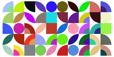 colorful geometric vector pattern featuring circles, semicircles, and squares in various bold and pastel shades, creating a modern and artistic abstract design.