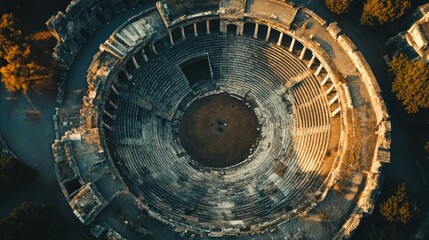 Fototapeta premium Spectacular aerial view showcasing the well-preserved ancient amphitheater ruins