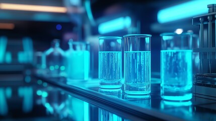 A sci-fi lab filled with glowing blue test tubes and floating holograms