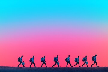 Sunset Journey: Team Walking Towards Future.