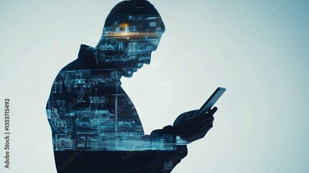 Aufkleber double exposure of engineer using digital technology with smartphone