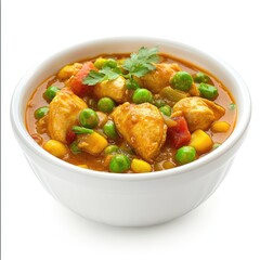 A hearty meal featuring chicken and meat in vegetable-rich tomato stew alongside rice