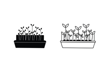 Seedling growth, germination, planting, sprouts, tray, container, plants, black, white, icons