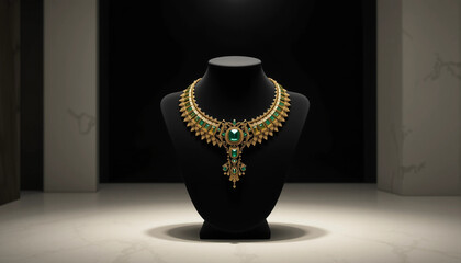 Luxurious statement necklace featuring emeralds displayed on elegant bust in dark setting
