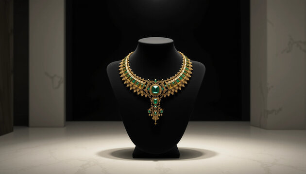 Luxurious statement necklace featuring emeralds displayed on elegant bust in dark setting
