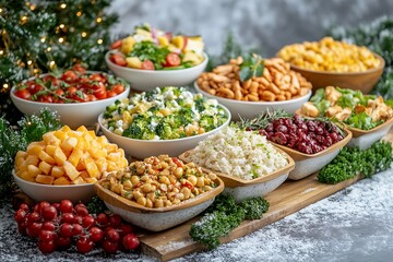 A variety of colorful prepared food items are artfully displayed