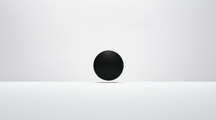 A black sphere sits on a white surface.