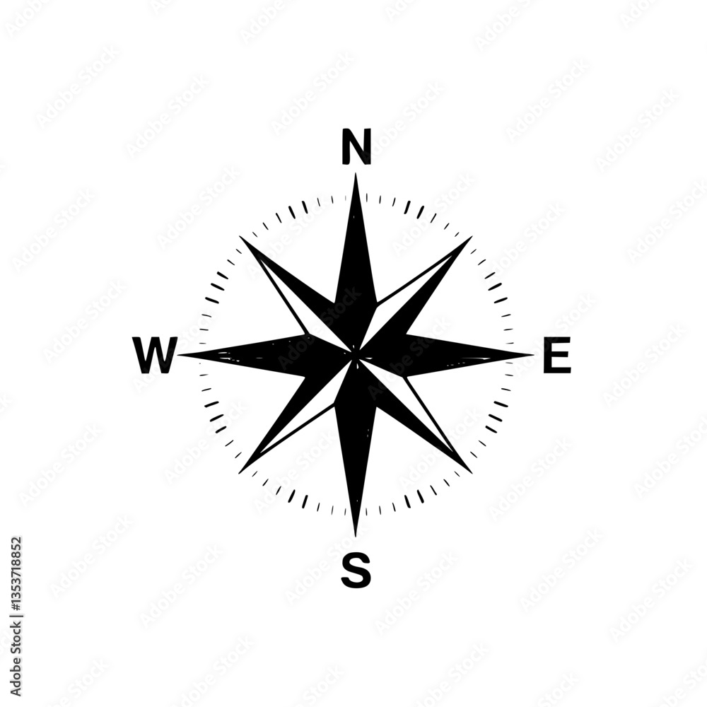 Poster simple graphic -and- compass rose with eight points it indicates north south east and west and provi