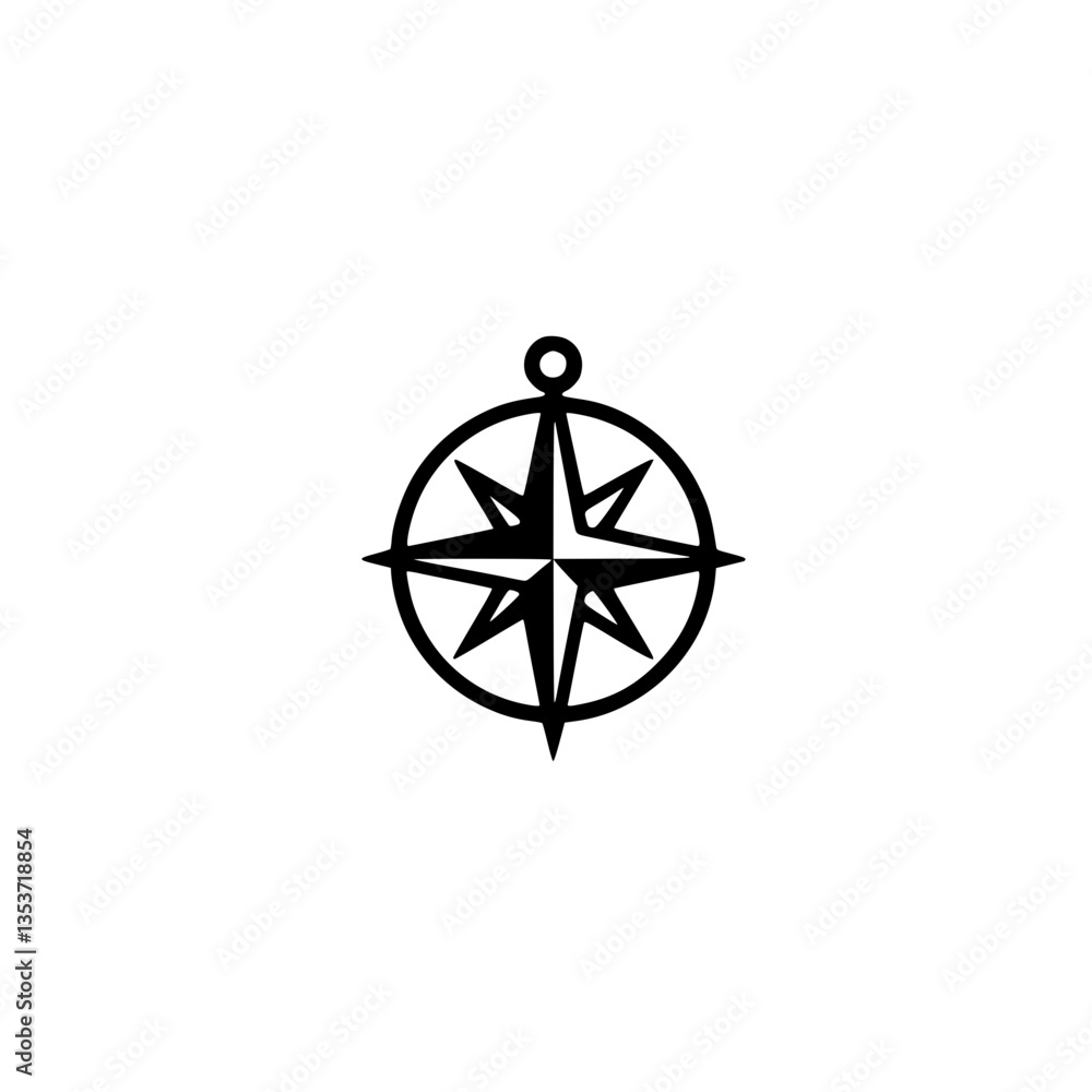 Poster a simplistic compass rose emblem featuring a circular frame with eight points topped with a loop for