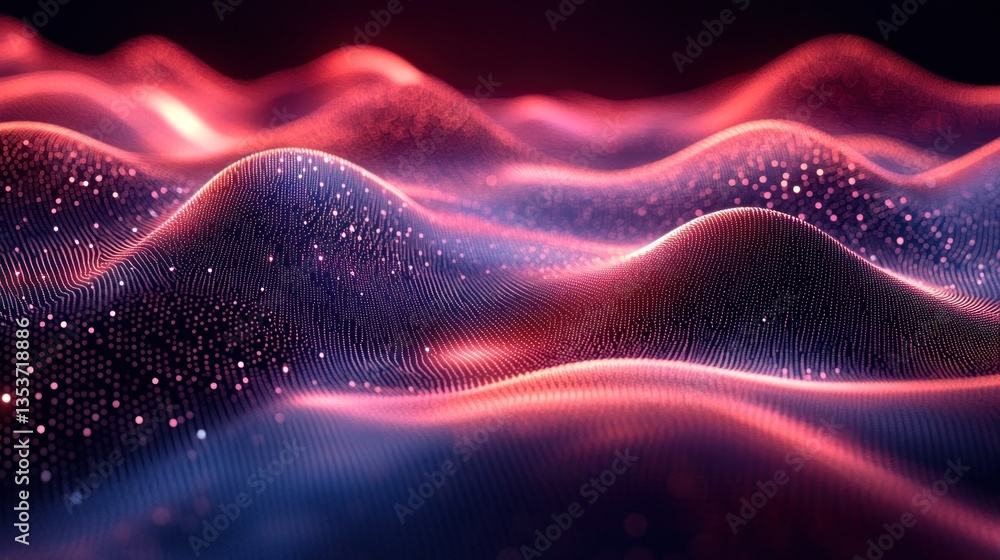 Poster abstract landscape formed by luminous dots in dynamic waves with digital effect creating a futuristi