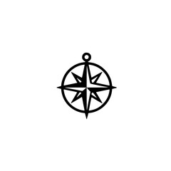 A simplistic compass rose emblem featuring a circular frame with eight points topped with a loop for hanging set against a clean