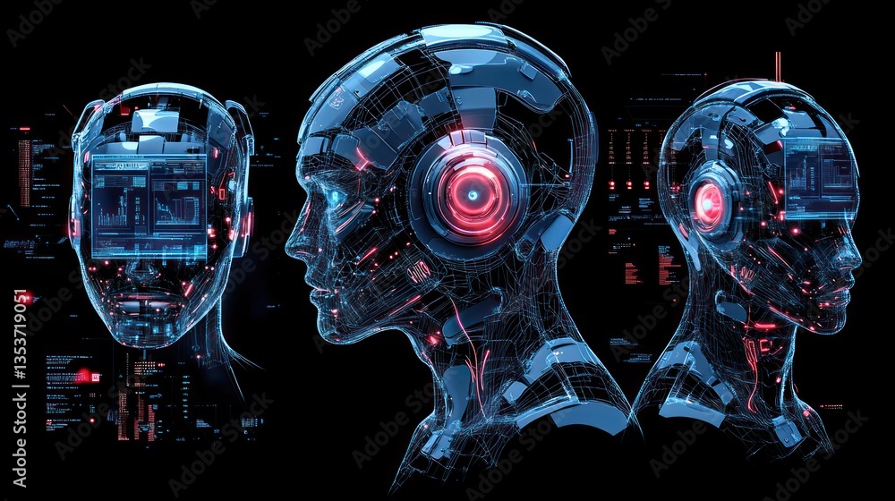 Poster artificial intelligence conceptualization featuring futuristic robotic figures with digital interfac