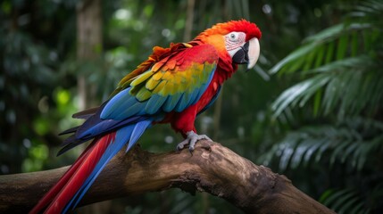 Obraz premium A bright macaw parrot with bright red, blue and yellow feathers sitting on a branch in a rainforest, surrounded by lush green foliage.