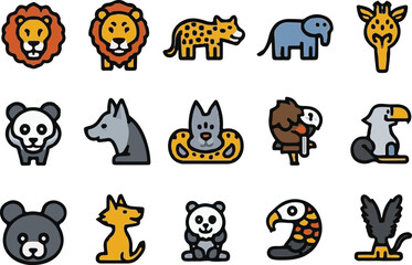 Cute Animal Icons Set Lion, Leopard, Elephant, Giraffe, Panda, Snake, Eagle, Fox, Bear
