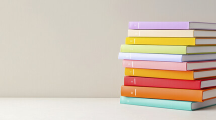 Colorful stack of books arranged neatly, showcasing vibrant covers and minimalist background, evoking sense of organization and creativity