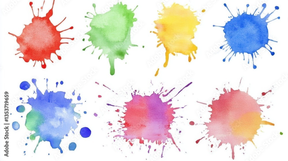 Poster colorful splatters: an array of vibrant paint splatters bursts with creativity and dynamic energy, p