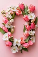 Floral Elegance: A vibrant floral arrangement, forming an elegant frame or wreath, showcasing a delightful mix of tulips and blossoms, perfect for conveying beauty and freshness.