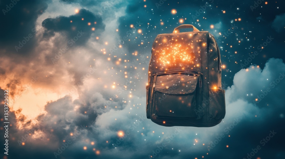 Aufkleber enchanted backpack floating in a surreal sky with sparkles and mystical clouds