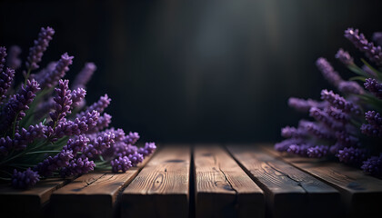 a dark photo of purple flowers of lavender on a wooden table