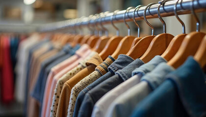 Obraz premium Neatly arranged shirts on wooden hangers in a clothing store. Perfect for fashion, retail, and shopping themes.