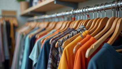 Obraz premium Neatly arranged shirts on wooden hangers in a clothing store. Perfect for fashion, retail, and shopping themes.