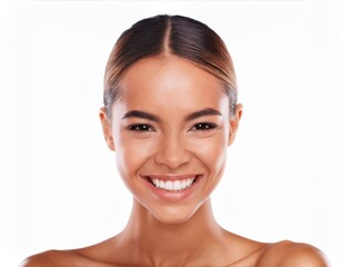 Obraz premium Smile, eyes sparkling and skincare of woman in studio for glow, results or beauty on white background. Face, happy and model in natural cosmetics for dermatology, anti aging and aesthetic at spa