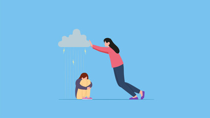 A woman pushed away the dark clouds that were above the sad ones. Care, humanity, empathy, help and peace concept