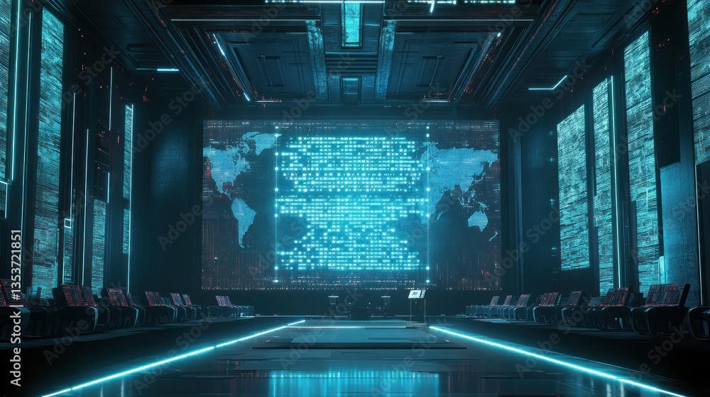 Poster futuristic cybersecurity conference room with global data visualization display