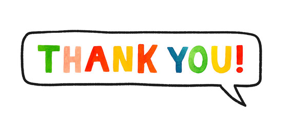 Thank you（サンキュー）のかわいい手書き文字・吹き出し　手描き水彩イラスト素材