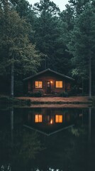 Fototapeta premium Lakeside cabin at dusk