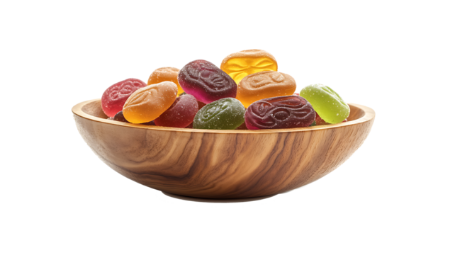 A wooden bowl filled with colorful gummy candies isolated on white background