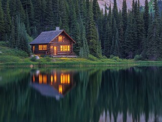 Fototapeta premium Serene wooden cabin by calm lake