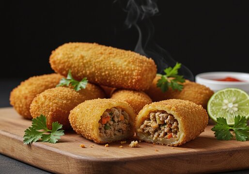 Indonesian Risoles, filled with meat and vegetables, served on wooden board with chili sauce and lime.