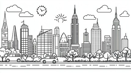 Fototapeta premium Line art cityscape. Cars move on road, sun shines. Clouds float. For coloring book or decoration