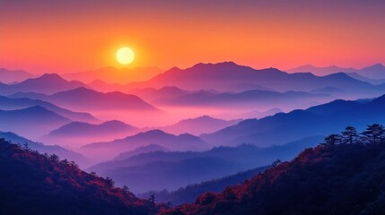 Obraz premium Majestic Sunrise Over Misty Mountain Ranges