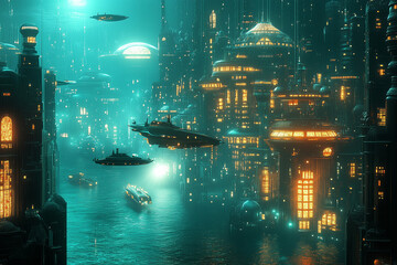 Futuristic underwater city featuring glowing architectural marvels and vibrant neon lights amidst submerged urban landscapes